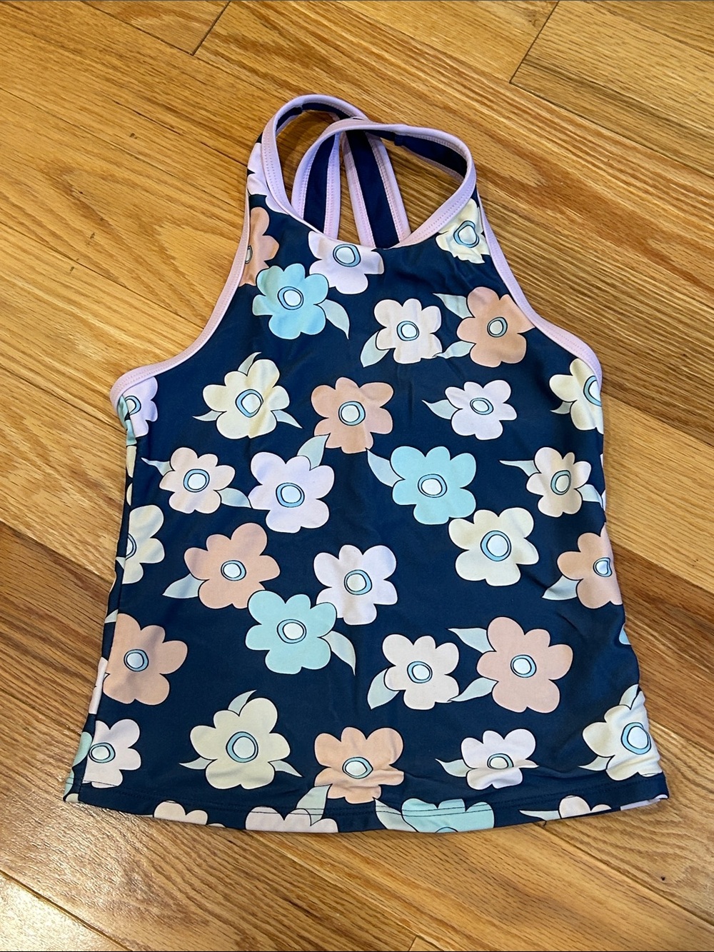 Roots Navy Floral Girls Swim Tankini Top with Pink Trim